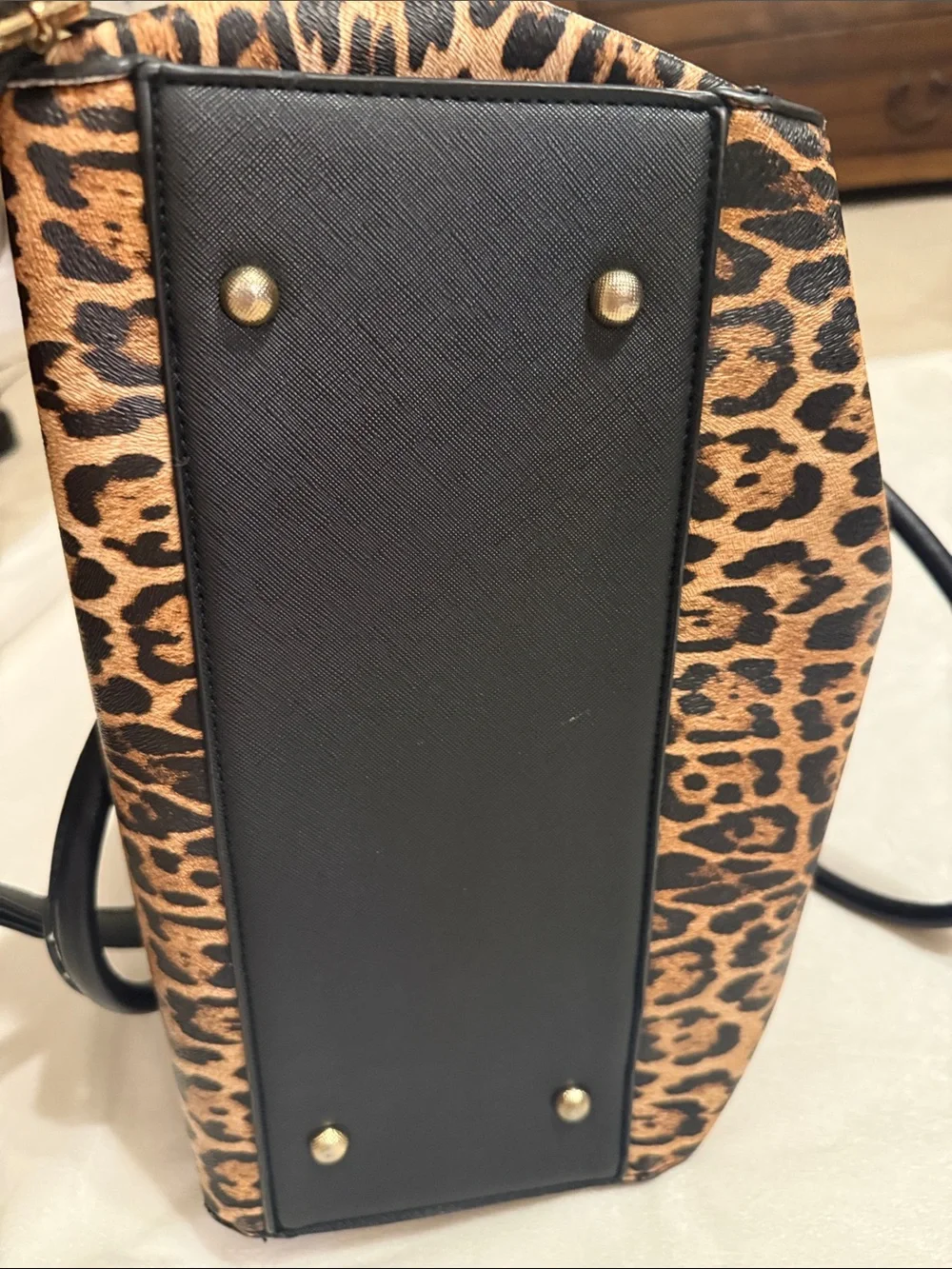 Leopard Print Tote Bag with Black Handles and Gold Hardware. The wallet included